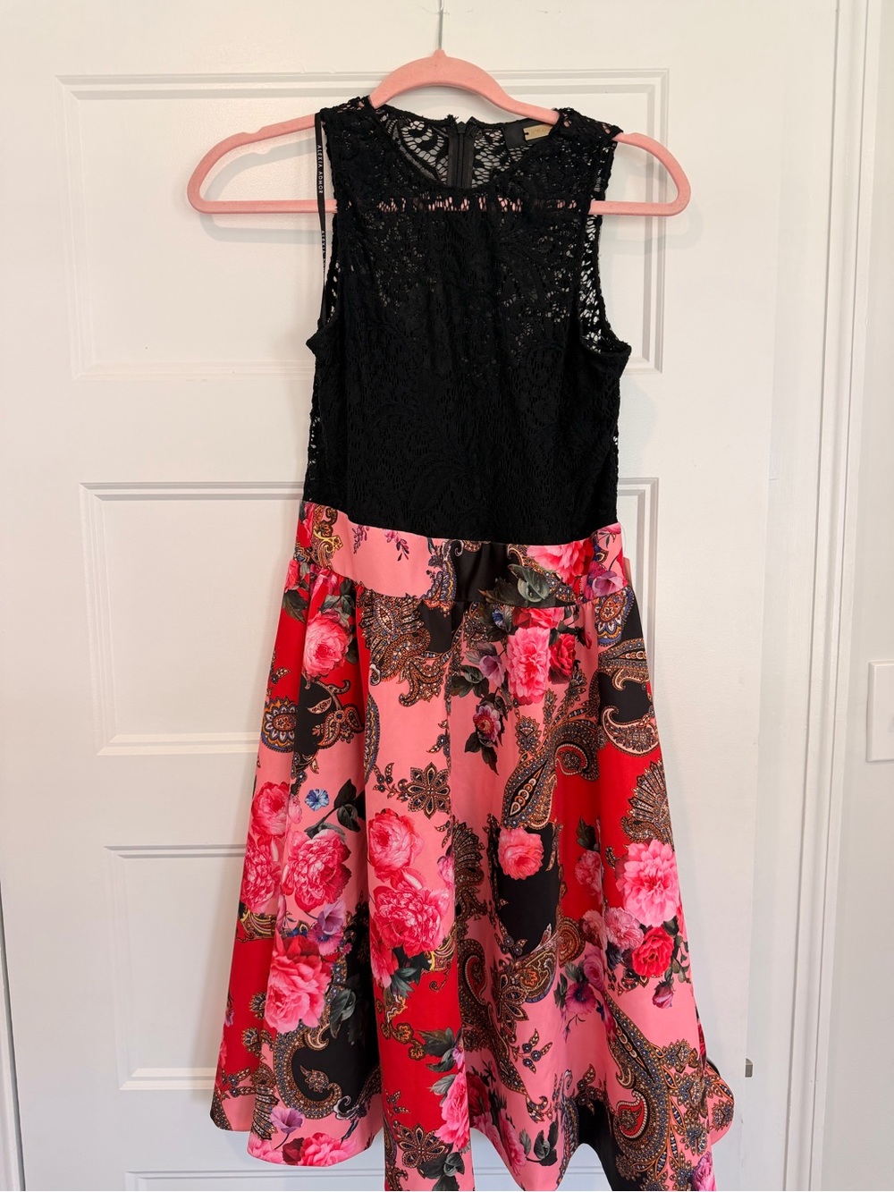 Women’s Black Lace Bodice Pink & Red Floral Paisley Skater Dress